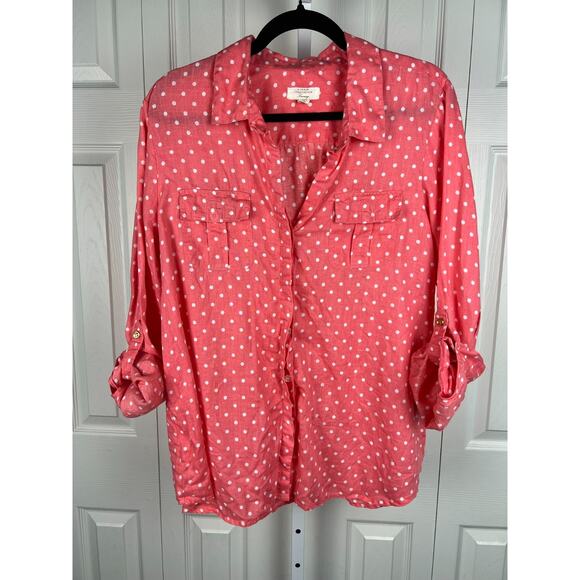 Charter Club Luxury Linen Pink Polka Dot Women's Blouse Roll Tab Sleeves XL - Picture 5 of 6